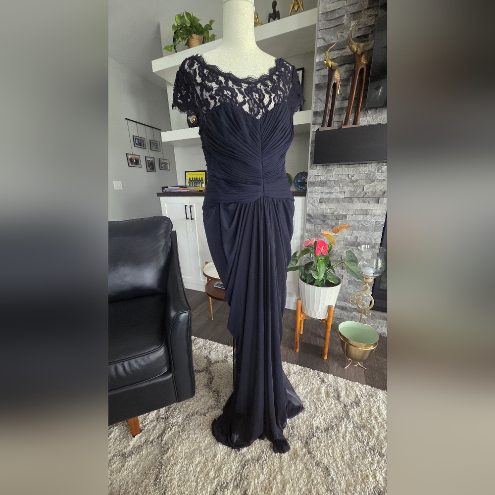 Adrianna Papell Navy Blue Pleated Gown, Size 12